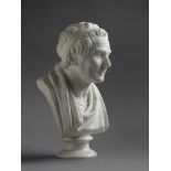 Jean Antoine Houdon, Bust of Jean-Jacques Rousseau. Carved marble. Chip to base. Max Ht. 11 1/2".