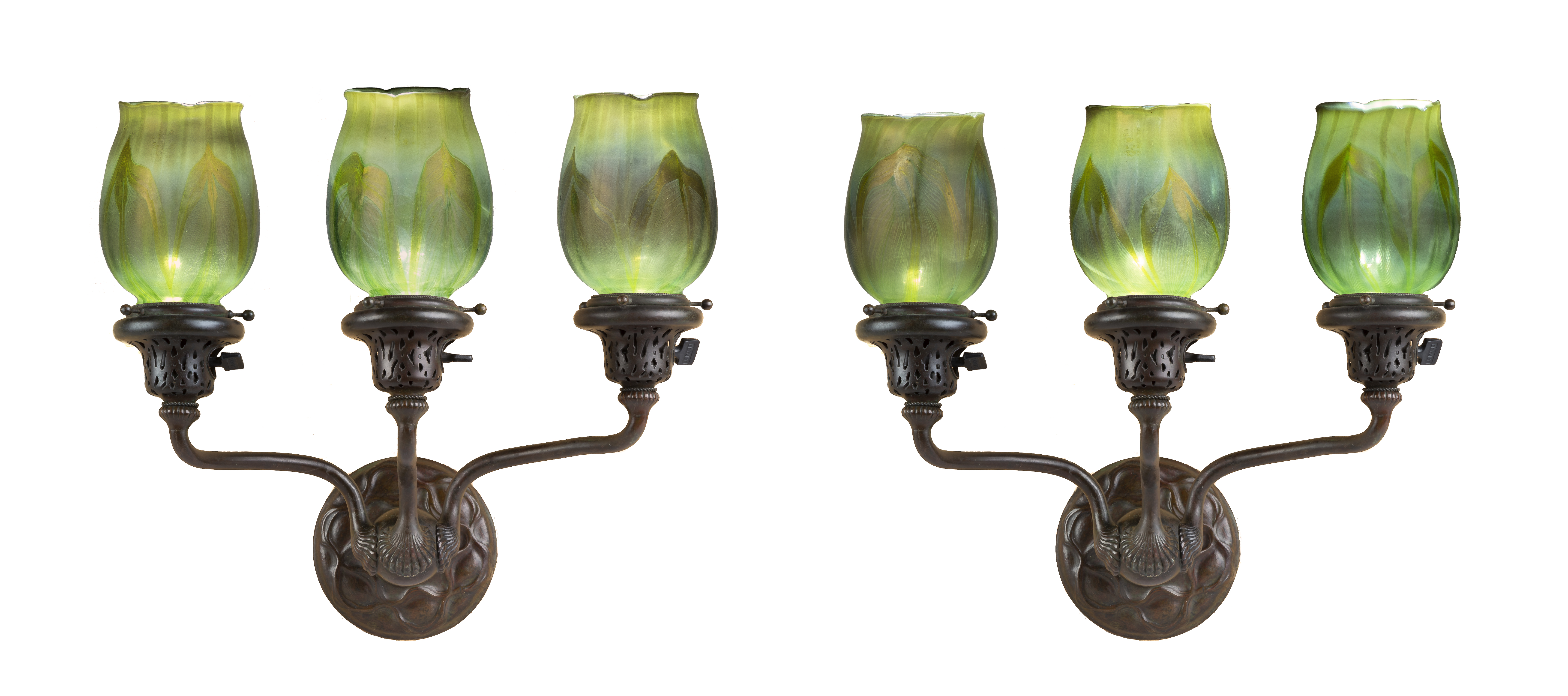 Pair of Tiffany Studios, New York, Three Arm Sconces. Early 20th century. Brown patina. Shades are - Image 2 of 4