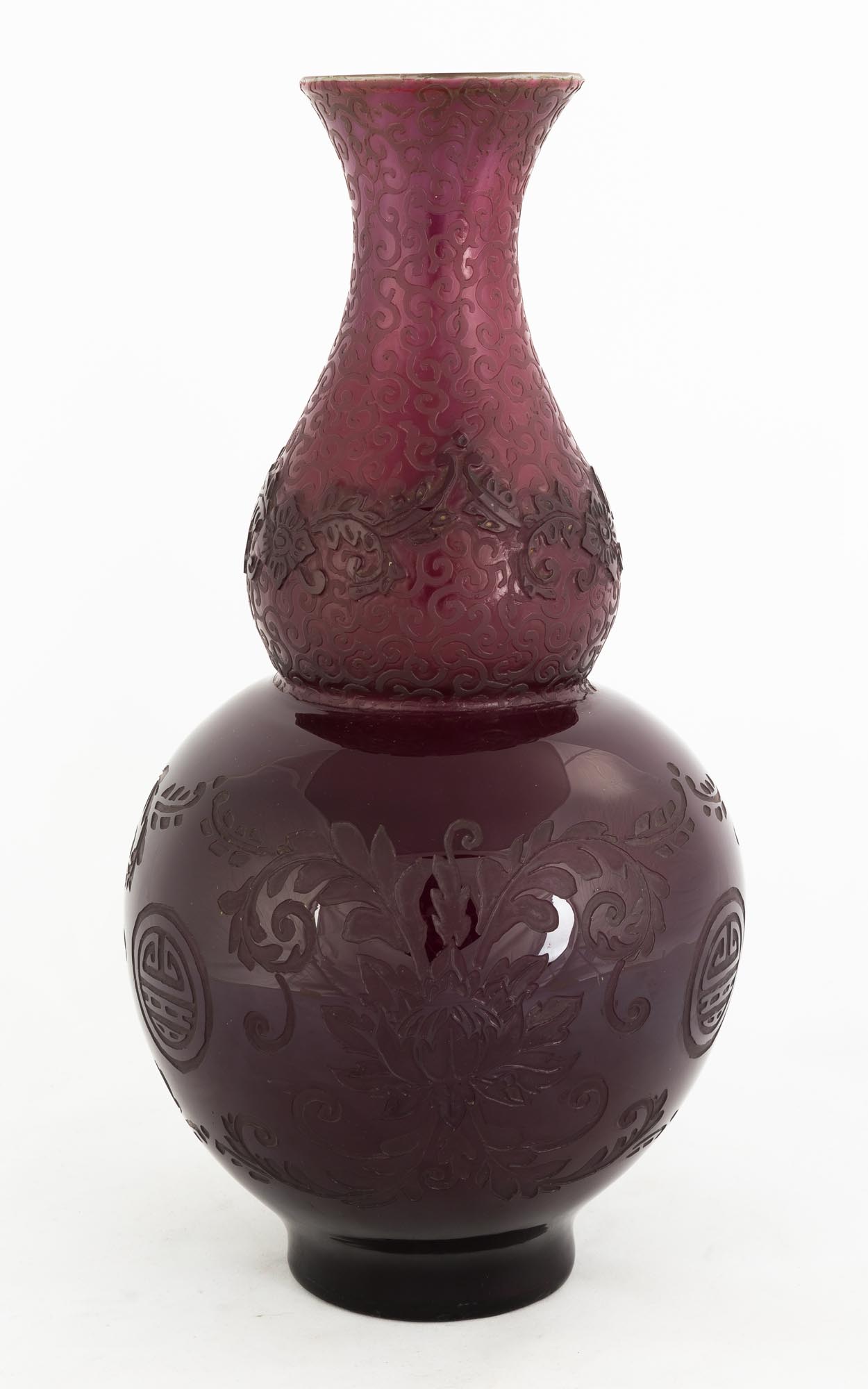 Steuben Plum Jade Acid Cut-Back Gourd Form Vase. Chinese pattern. Inscribed F. Carder. Factory