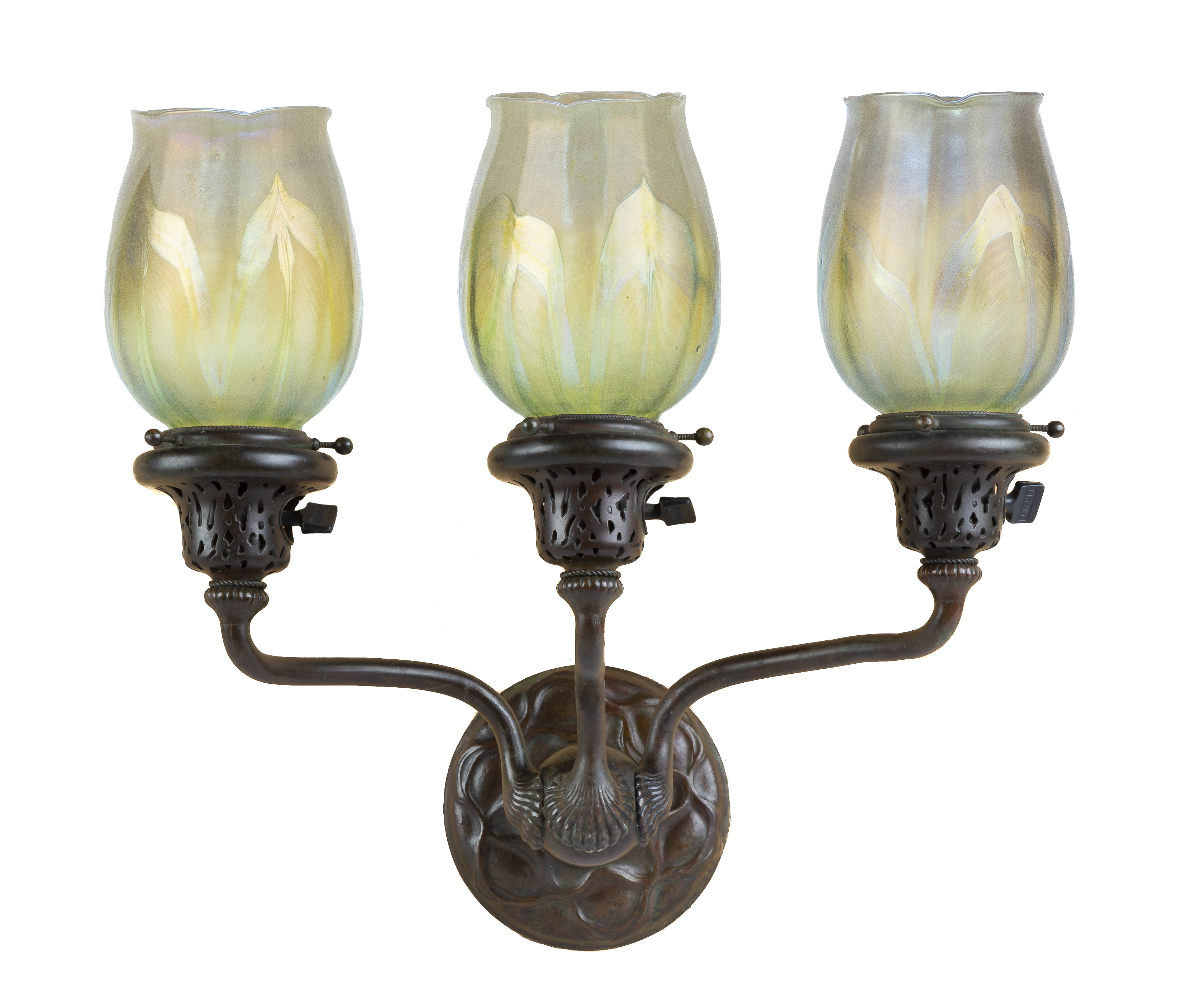 Pair of Tiffany Studios, New York, Three Arm Sconces. Early 20th century. Brown patina. Shades are - Image 3 of 4