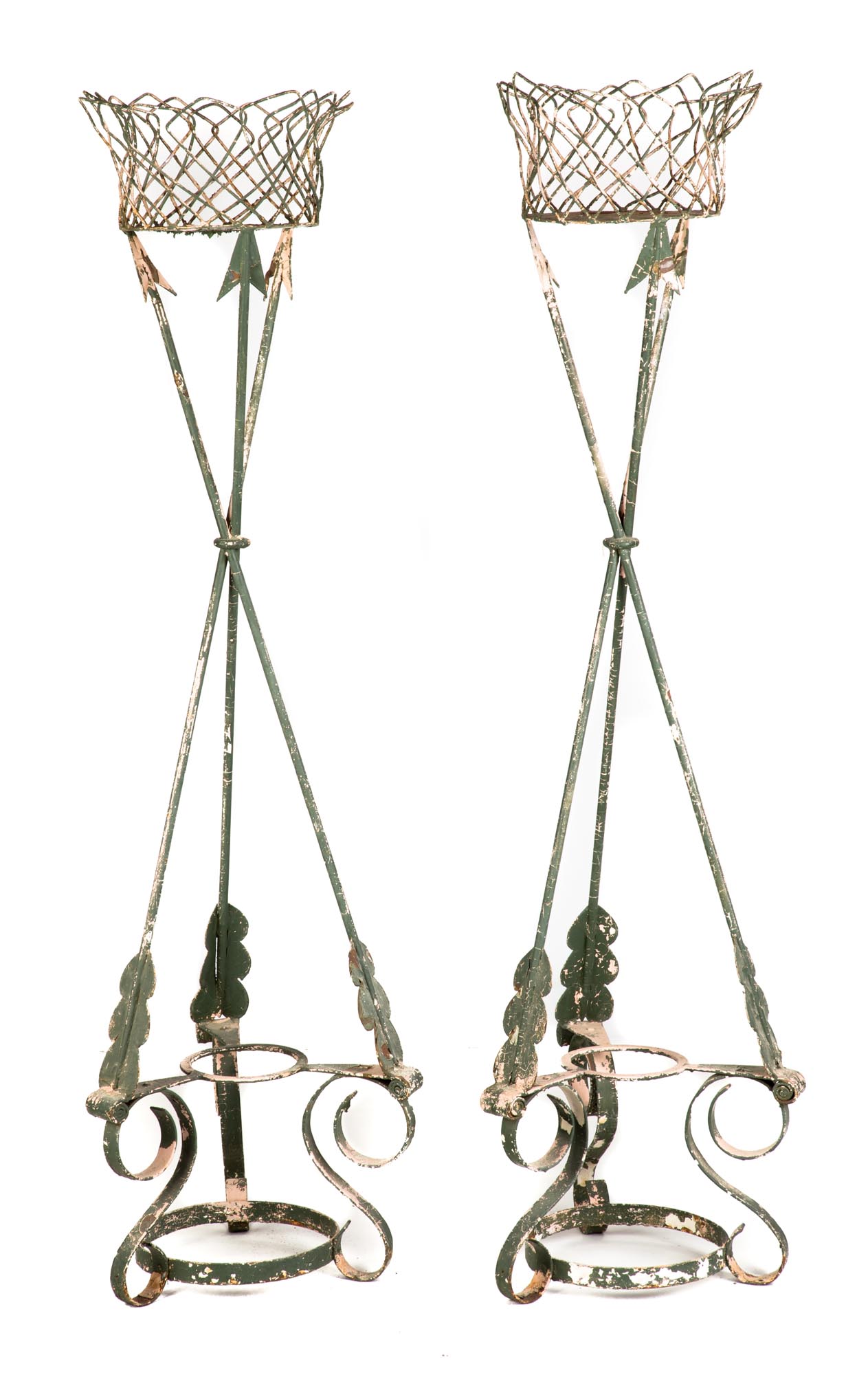 Two Metal & Wire Arrow Form Planters. Late 19th century, with arrow bases. Some bending to wire