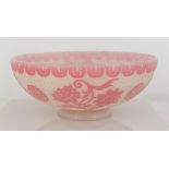 Steuben Acid Cutback Bowl with Asian Motif. Early 20th century. Rosalie over alabaster. Inscribed '