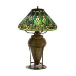 Tiffany Studios, New York, Arrowroot Table Lamp. Leaded glass and patinated bronze. Shade