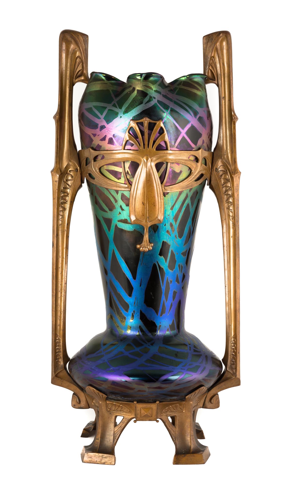 Monumental Austrian Art Nouveau Mounted Vase. Early 20th century. Decorated glass and patinated