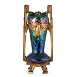 Monumental Austrian Art Nouveau Mounted Vase. Early 20th century. Decorated glass and patinated