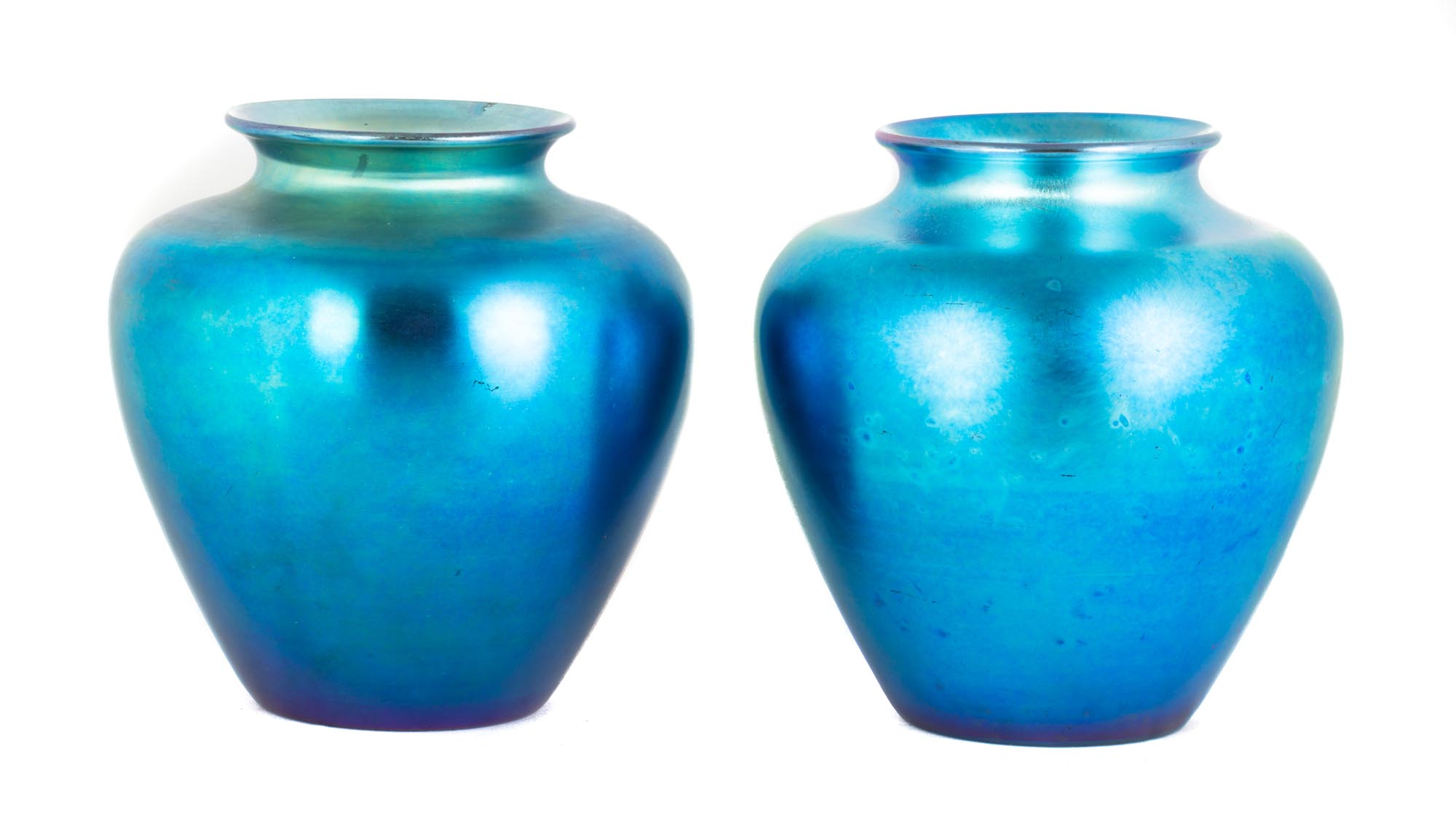 Pair Steuben Blue Aurene Vases. L: inscribed Steuben; R: traces of original label. Excellent. Ht