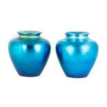Pair Steuben Blue Aurene Vases. L: inscribed Steuben; R: traces of original label. Excellent. Ht