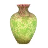 Rare Green & Pink Acid Cut Back Cluthra with Stylized Leaves. Acid-etched lead glass. Some firing