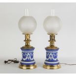 Pair of Wedgewood Oil Lamps with Etched Shades. 19th/20th century. Has been electrified. Ht. 22".