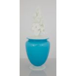 Steuben Covered Light Blue Jade Vase with Floral Stopper. Early 20th century. Unsigned. Excellent.