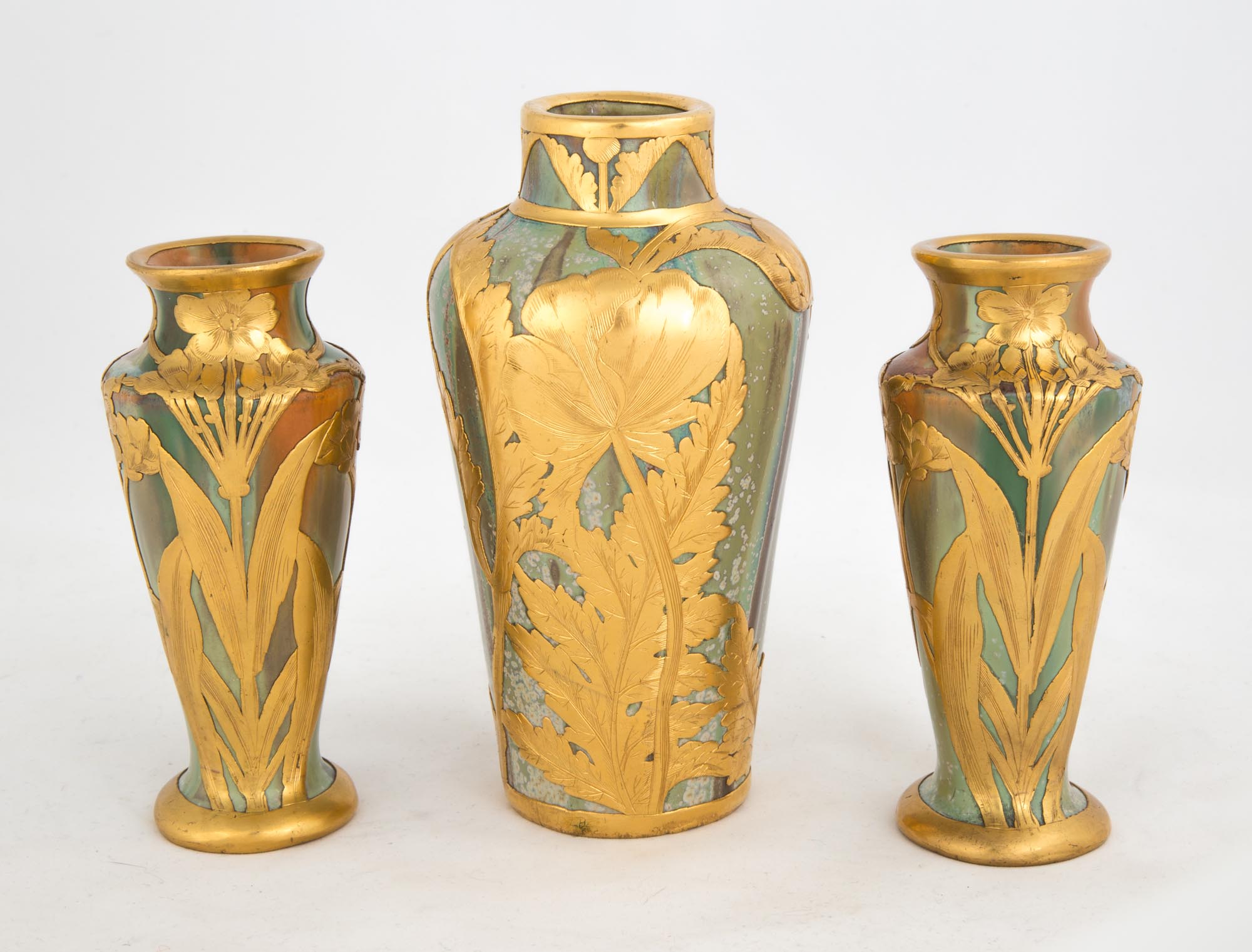 Austrian Stoneware Garniture Set of 3 Vases. Rare. circa 1900. Signed. Overlaid with Gilt Bronze and