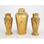Austrian Stoneware Garniture Set of 3 Vases. Rare. circa 1900. Signed. Overlaid with Gilt Bronze and