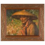 Fernando Cueto Amorsolo (Filipino, 1892-1972) Man with Hat. Oil on mahogany panel. Carved and gilded