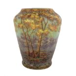 Fine Daum Nancy Cameo Vase. Large fall scene with Daum Nancy signature with Cross of Lorraine.