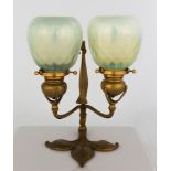 Tiffany Studios, New York, Two Light Candle Lamp. #1232. Gold patina, with Favrile quilted shades