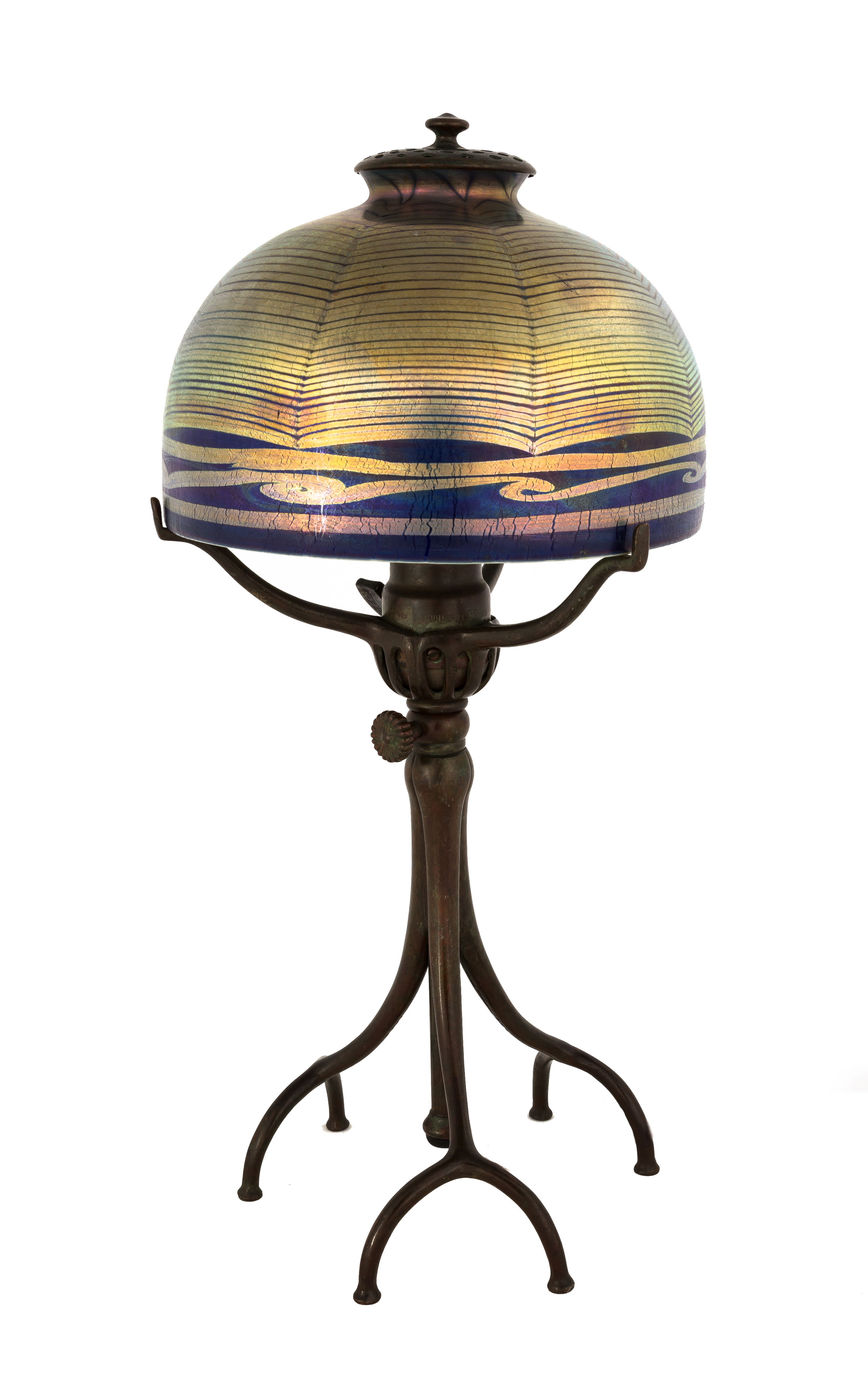 Tiffany Studios,NY, Blue Favrile Lamp with Spider Web Design. Favrile glass and patinated bronze
