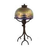 Tiffany Studios,NY, Blue Favrile Lamp with Spider Web Design. Favrile glass and patinated bronze