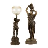 Figural Patinaed Metal Newel Post Lamp. Medium size Cavalier gas newel post lamp Attributed to