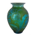 Steuben Green Jade Acid Cut-Back with Blue Aurene Vase. Unsigned. Drilled for lamp base. Minor nicks