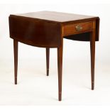 Hepplewhite Pembroke Table. circa 1800. Mahogany table with shaped leaves, inlaid and old brass. Old