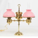 Manhattan Double Student Lamp. circa 1880. Original double 10" pink overlay shades. Signed 'Vanteen,