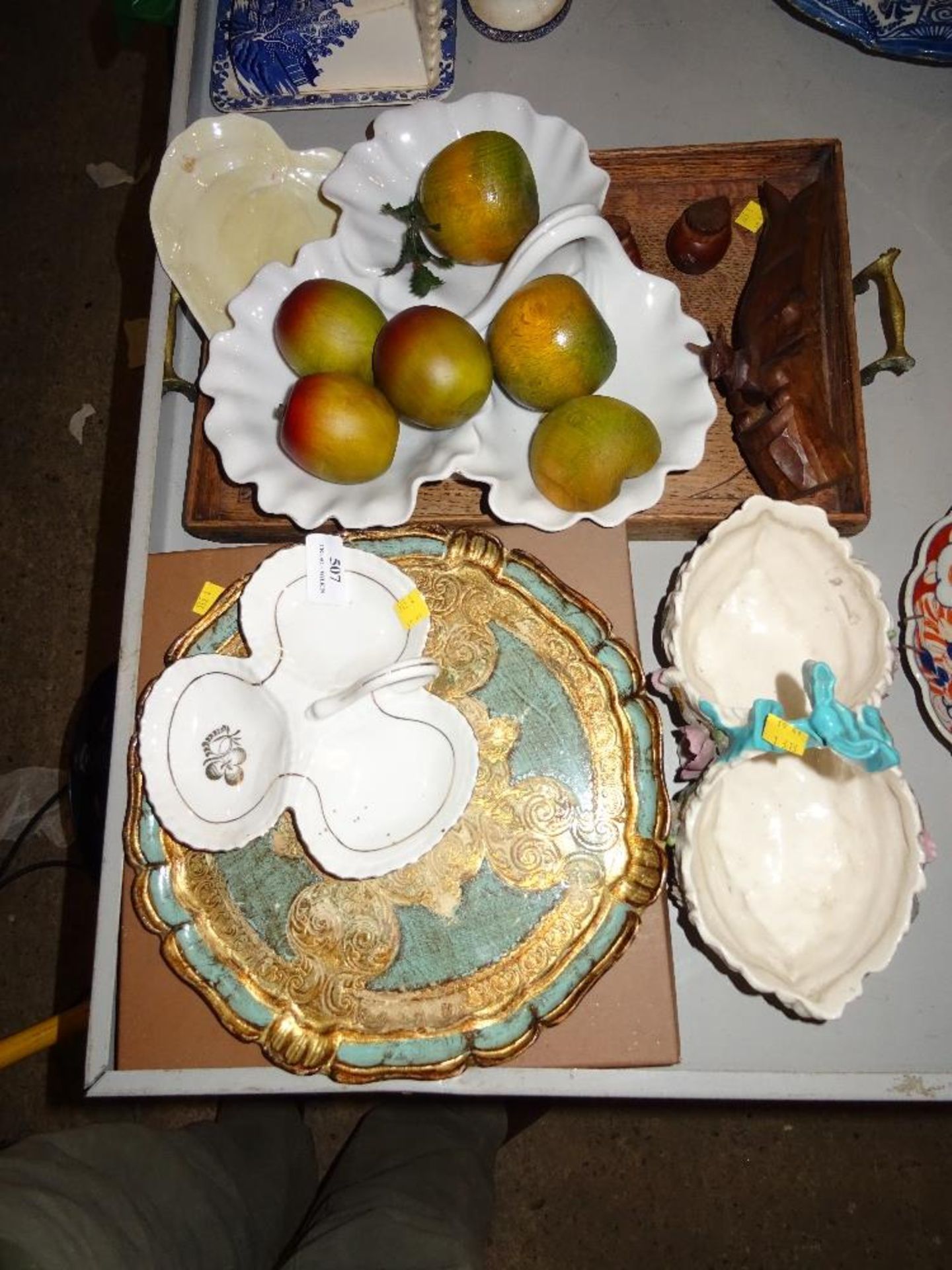 TWO HORS D;OEUVRE DISHES, WOODEN FRUIT ORNAMENTS, WOODEN TRAY,