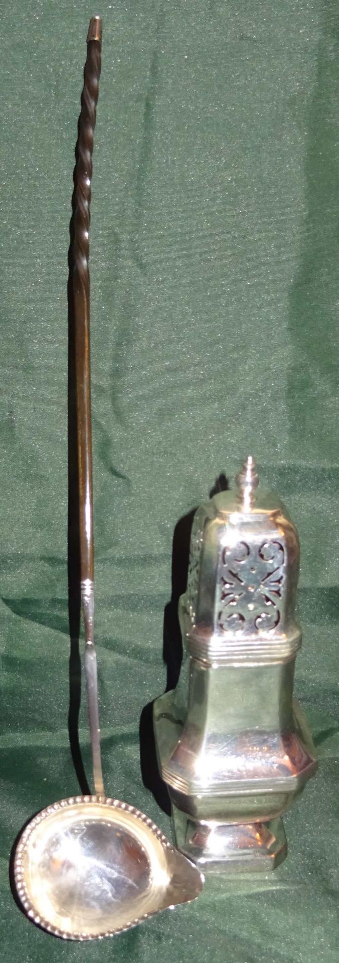 SILVER PLATED SUGAR SIFTER AND SILVER TODDY LADLE WITH WHALE BONE HANDLE