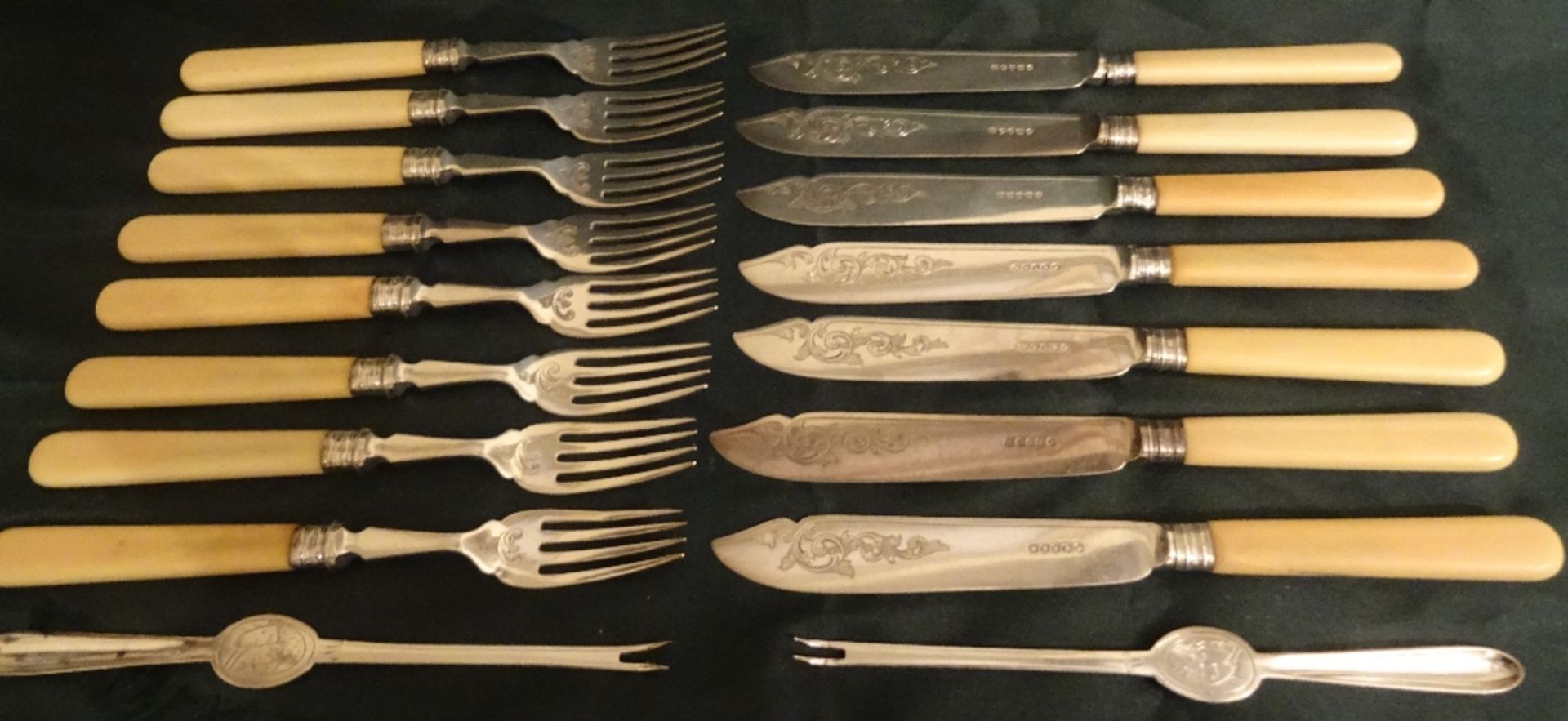 SET OF SEVEN SILVER PLATED FISH KNIVES AND FORKS TOGETHER WITH TWO LOBSTER PICKS
