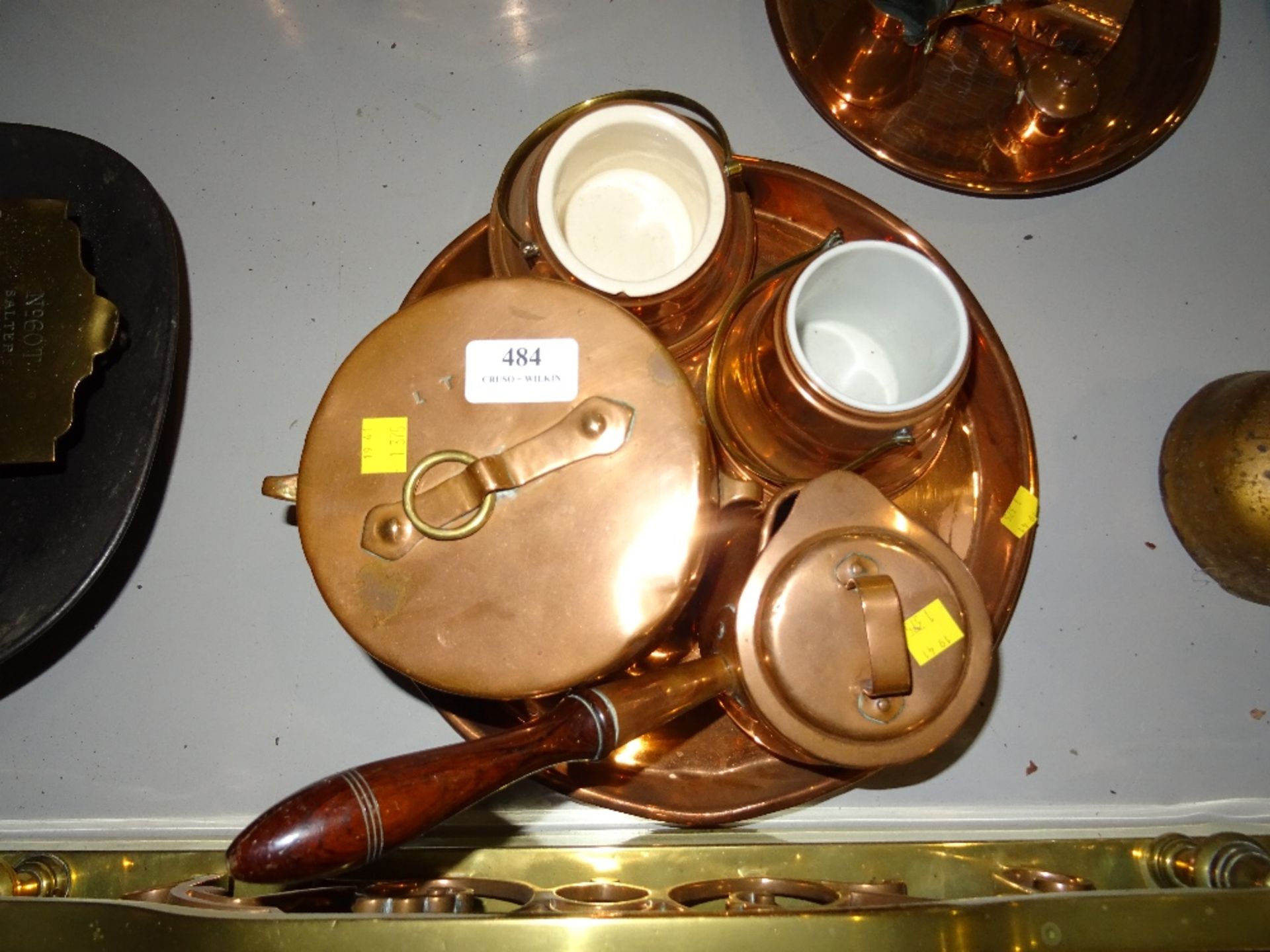 FIVE COPPER ITEMS INCLUDING TRAY, SPOON WARMERS,