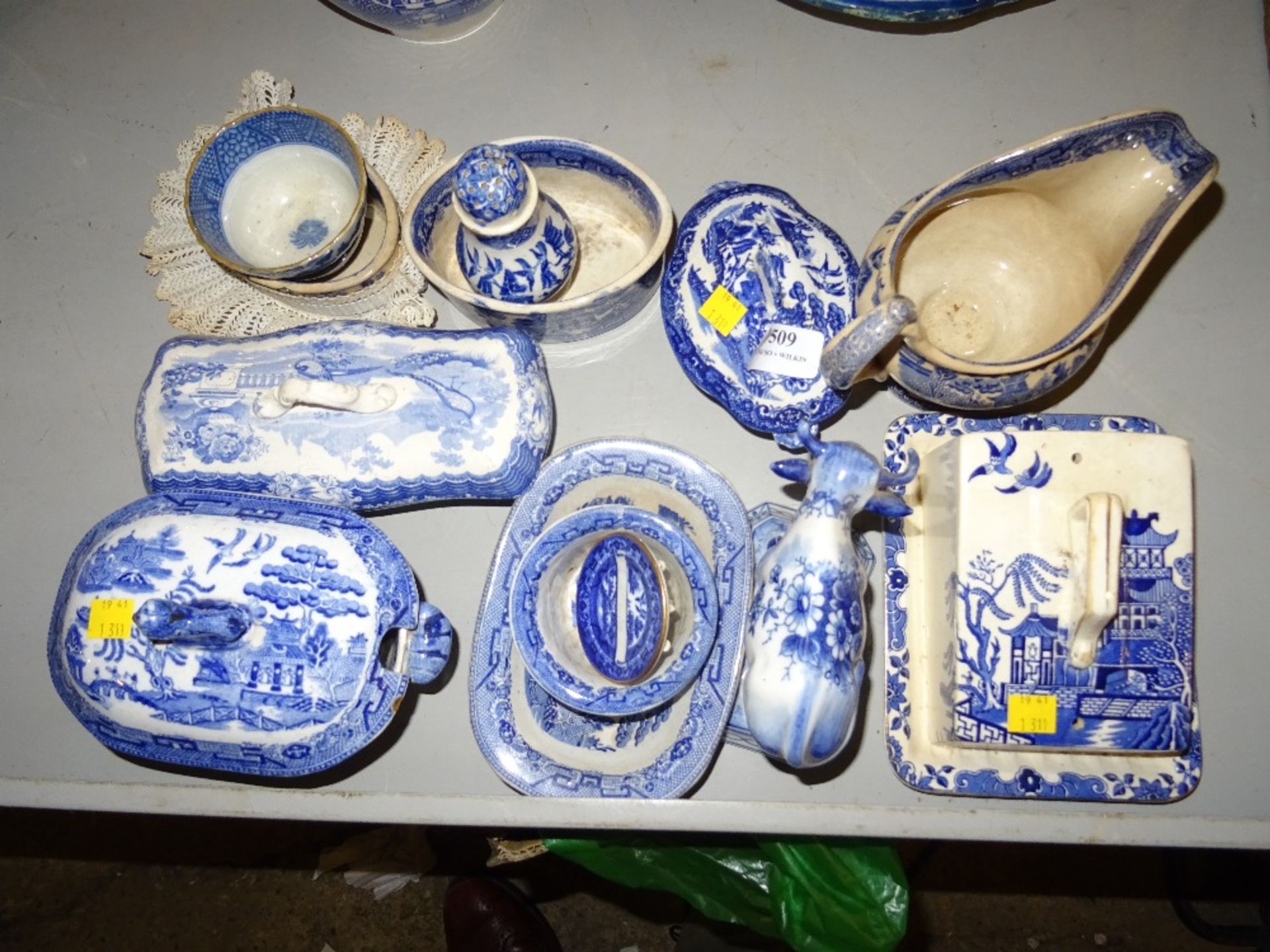 BLUE AND WHITE WARE INCLUDING BUTTER DISH MILK JUG, PEPPER, LIDDED POTS ETC.