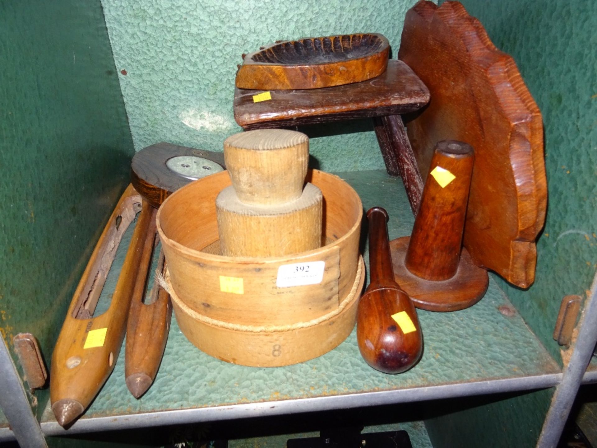QUANTITY OF WOODEN COLLECTIBLES INCLUDING STOOL, SIEVE,