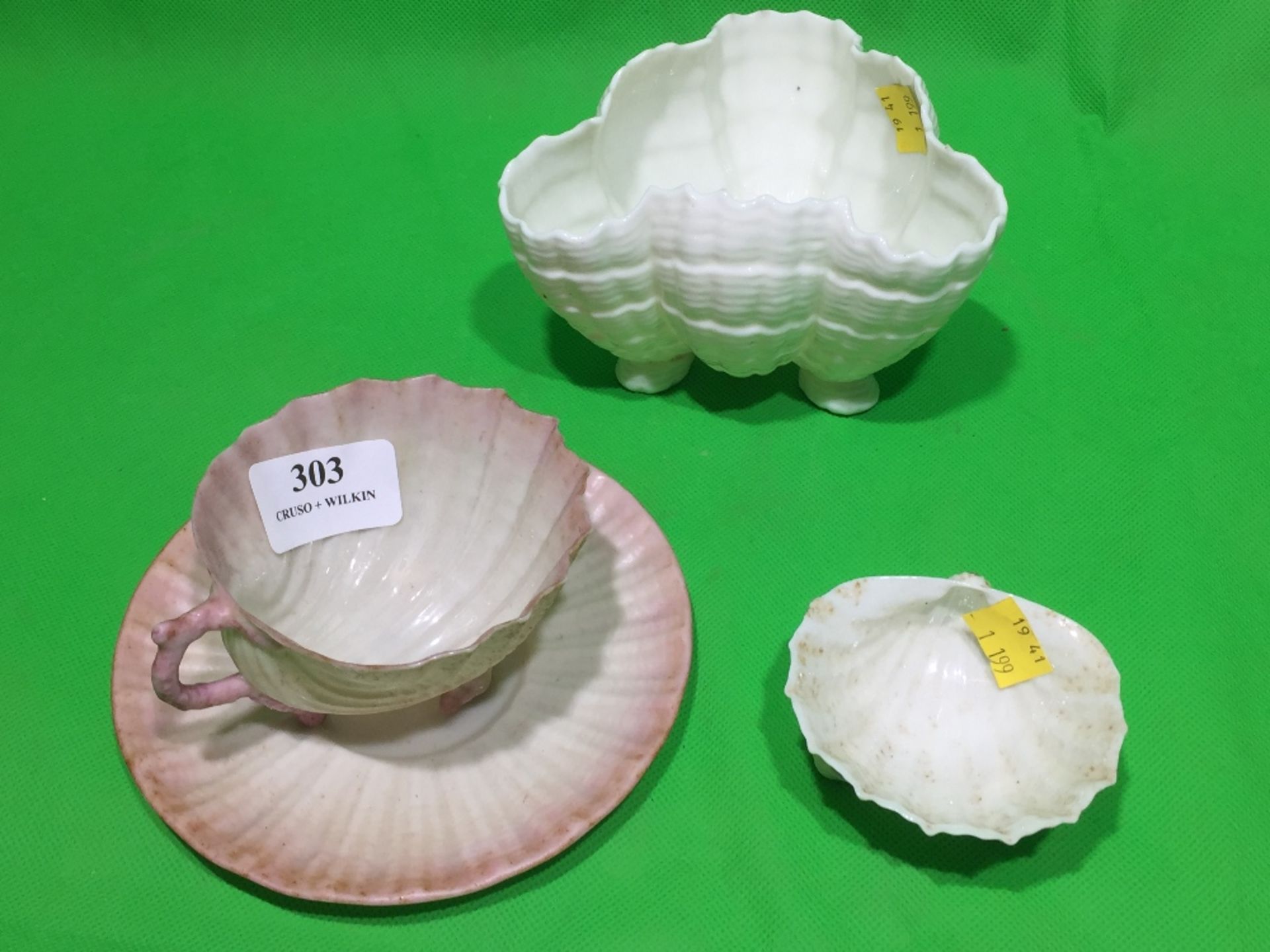 BELLEEK SHELL DESIGN CUP & SAUCER AND SHELL AND WORCESTER SUGAR BOWL