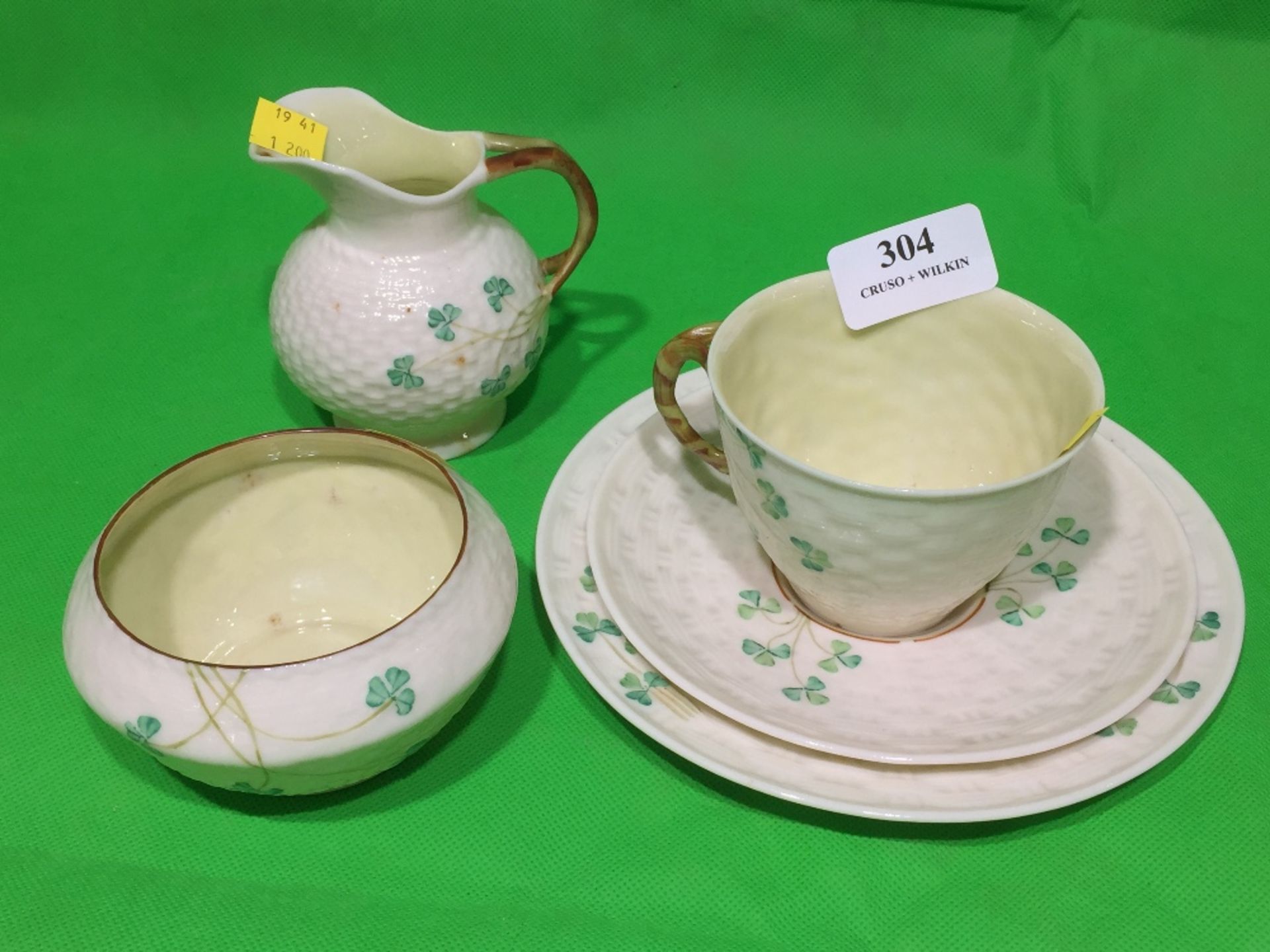 BELLEEK TEA CUP & SAUCER, SIDE PLATE, SUGAR BOWL,