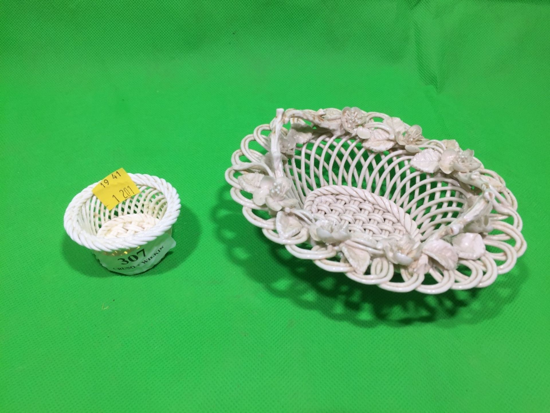 SMALL BELLEEK BASKET & LARGE FLOWERED BASKET - UNMARKED