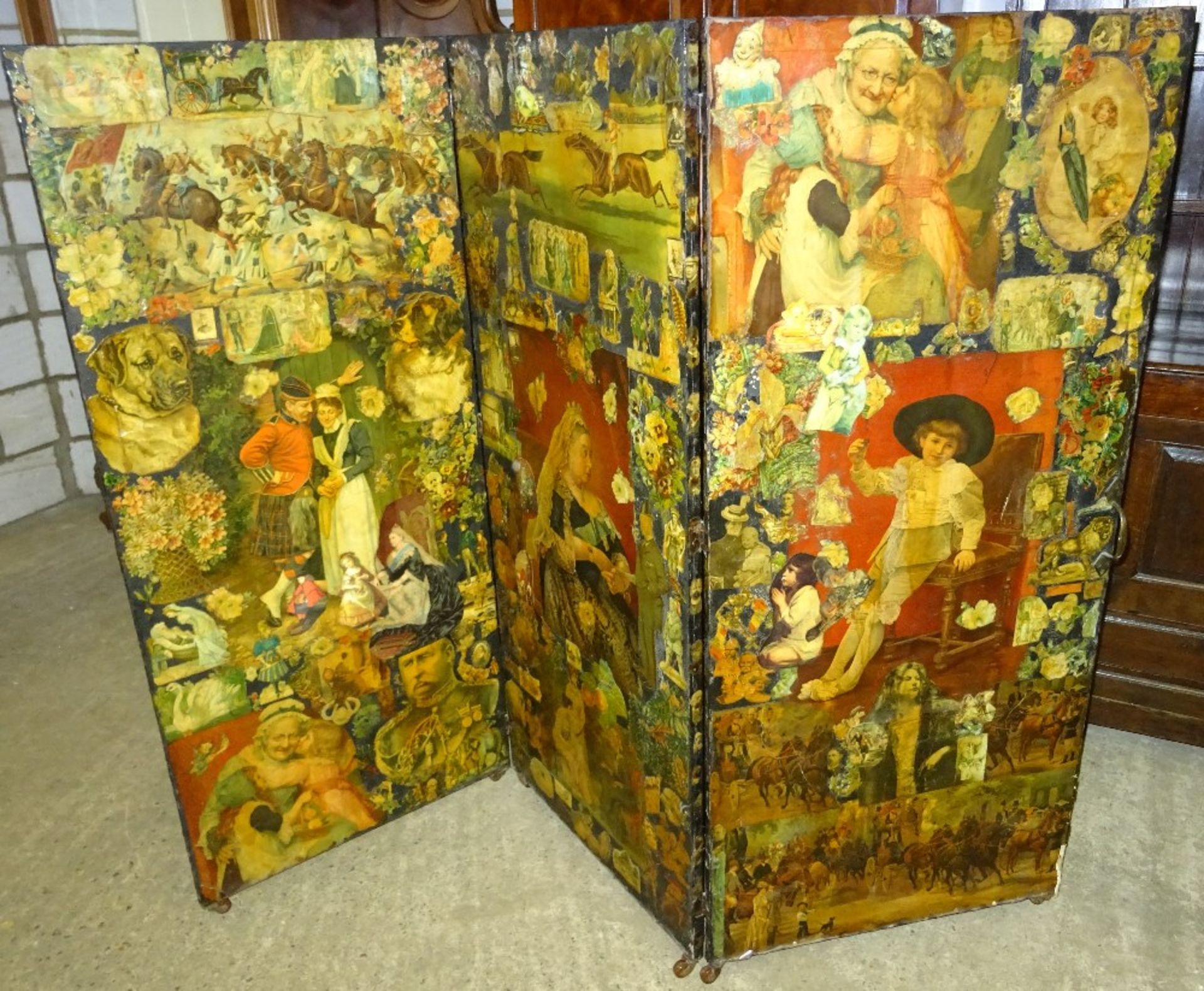 VICTORIAN HINGED TRIFOLD DECOUPAGE SCREEN