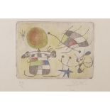 A limited edition abstract etching, pencil signed Miró and numbered XX/L, 5½" x 4"