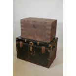 A tin travelling trunk, bears label 'Steel-Made Trunk Co, NY, New York, 32" x 20" x 20", and a C19th