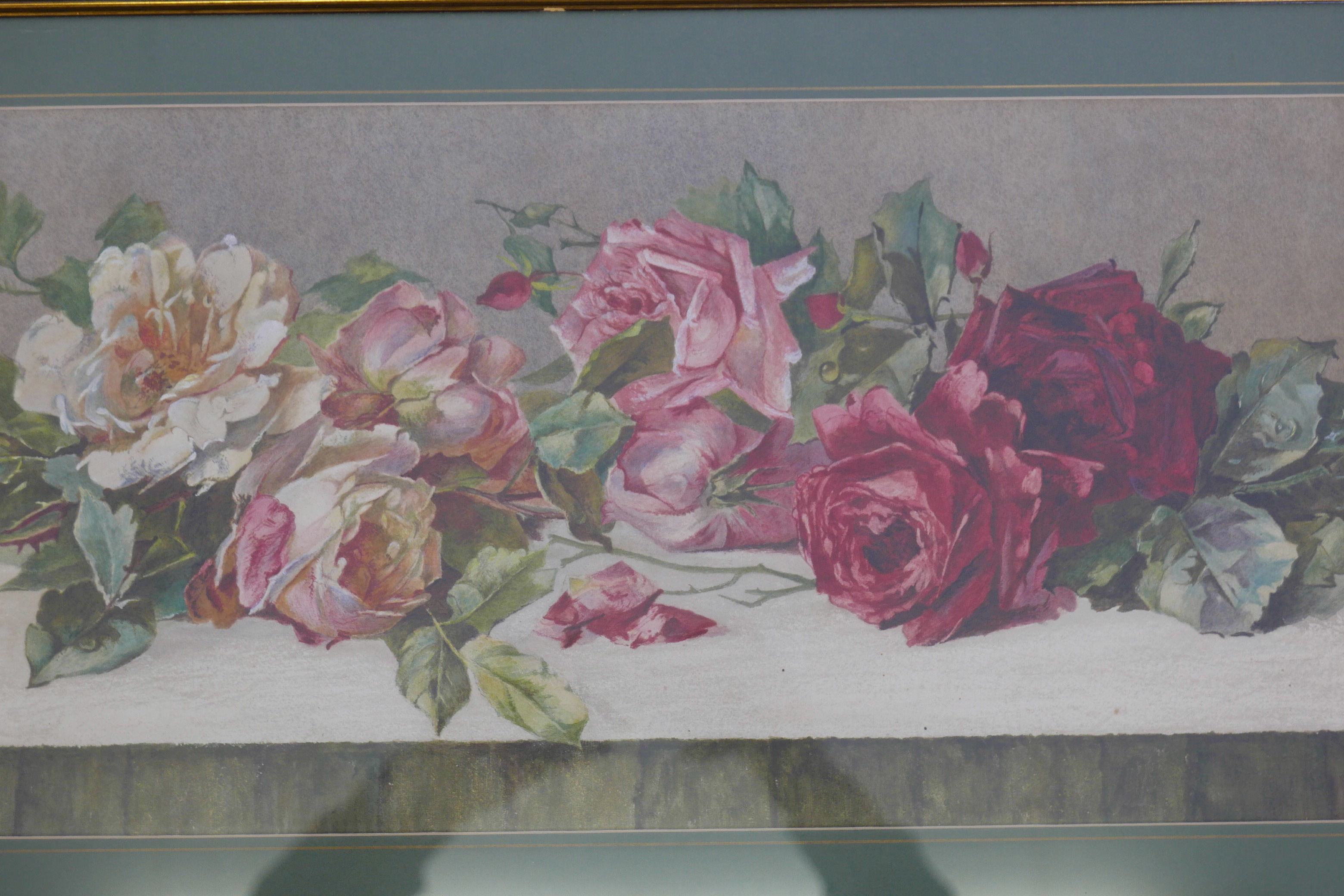 M. Ryan, watercolour, still life, roses, signed indistinctly, in an oval frame, 13" x 11"