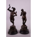 A pair of late C19th bronze figures by E. Barillot, the Pied Piper and a jester, 11" high