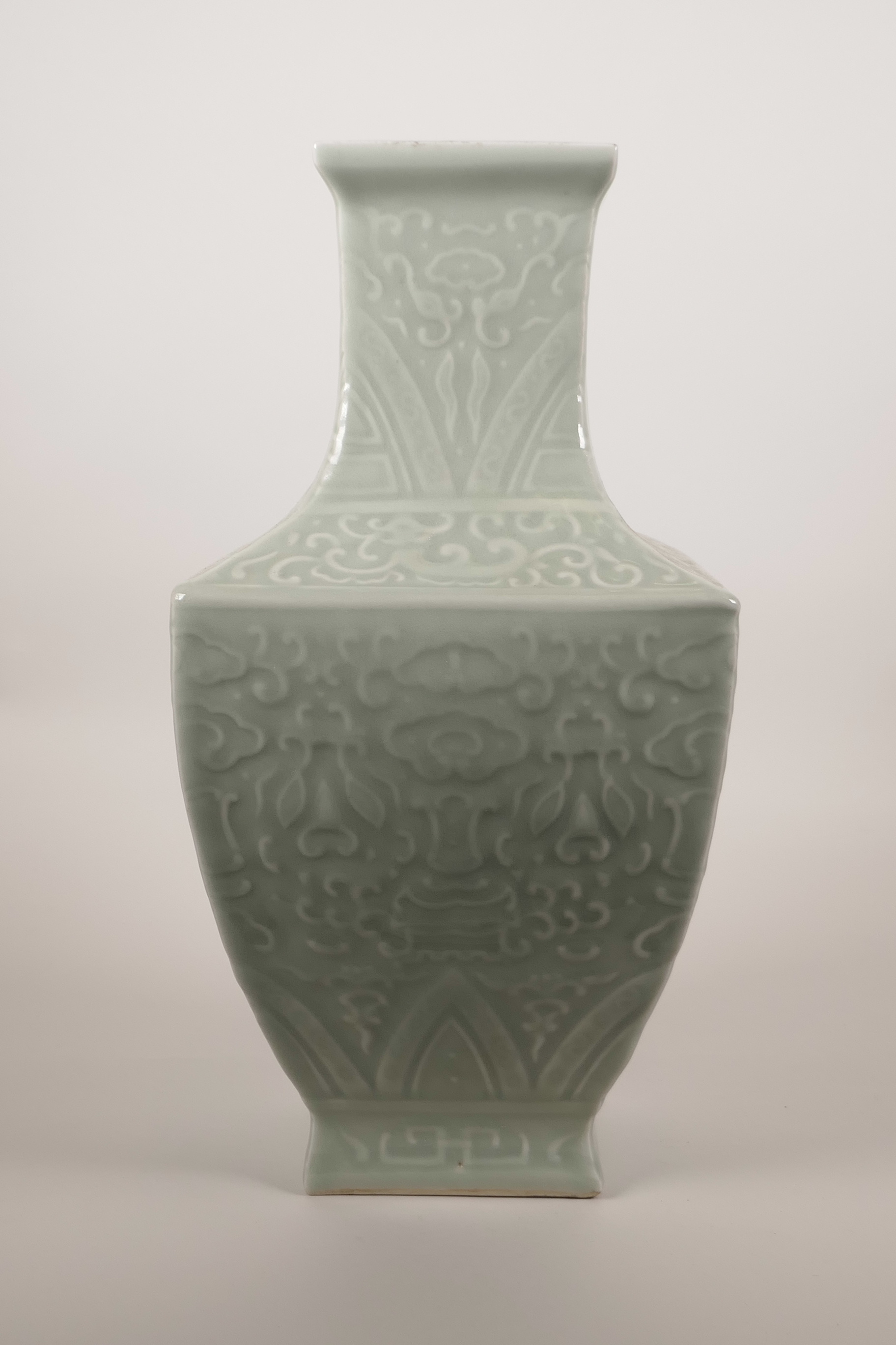 A Chinese celadon glazed porcelain vase with archaic style decoration, impressed seal mark to - Image 2 of 4