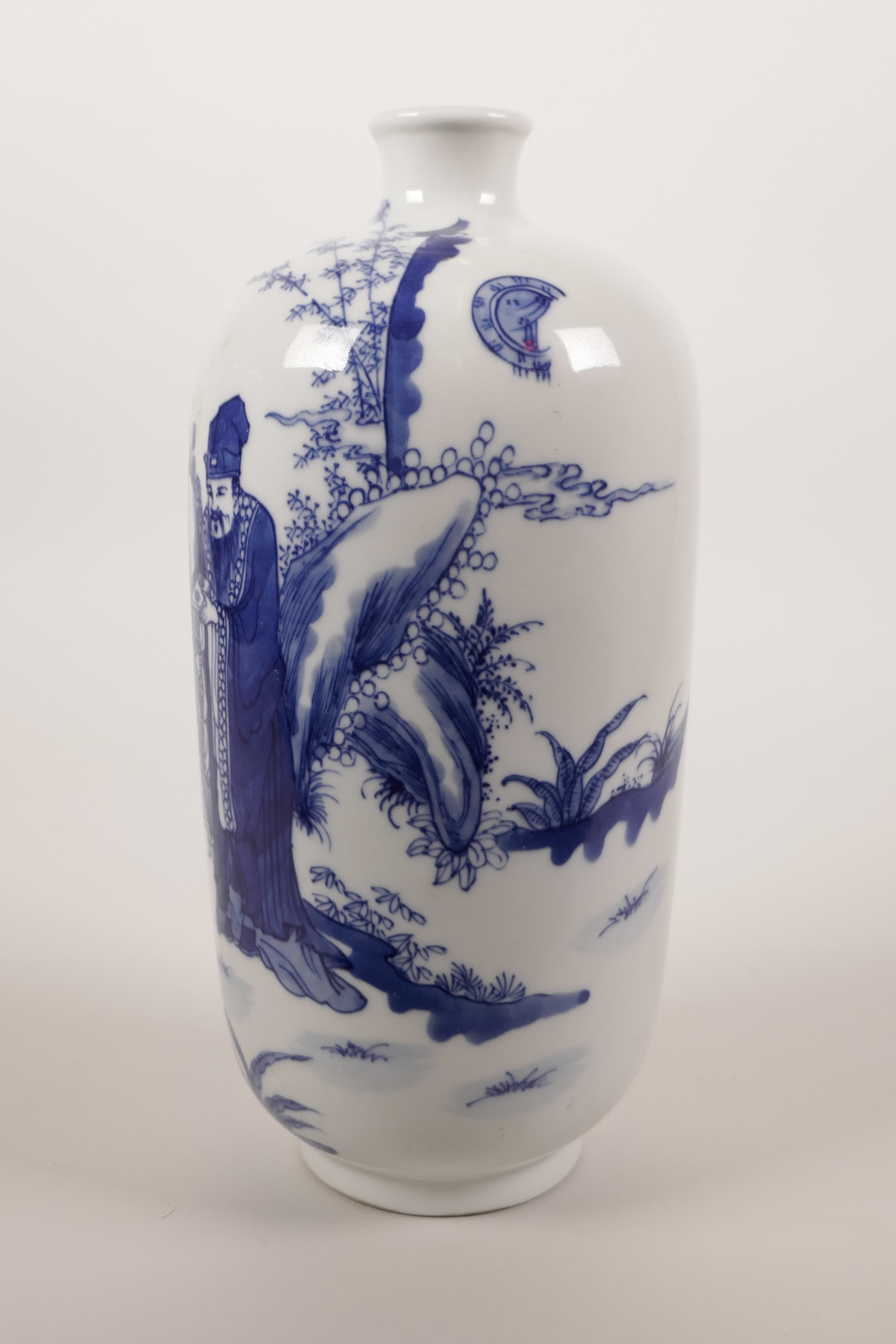 A Chinese blue and white porcelain vase decorated with a sage and his student, 6 character mark to - Image 2 of 5