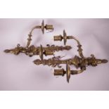 A pair of brass two branch electric wall sconces, 19½" long