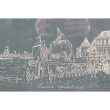 A Dutch etching on glass of Nijmegen harbour, 14" x 11"