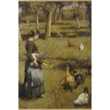 In the manner of Stanley Royle, oil on canvas laid on board, farmer's wife with chickens in an