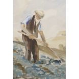 An oil and watercolour sketch on paper, figure working the land, signed Will R, 11" x 14½"