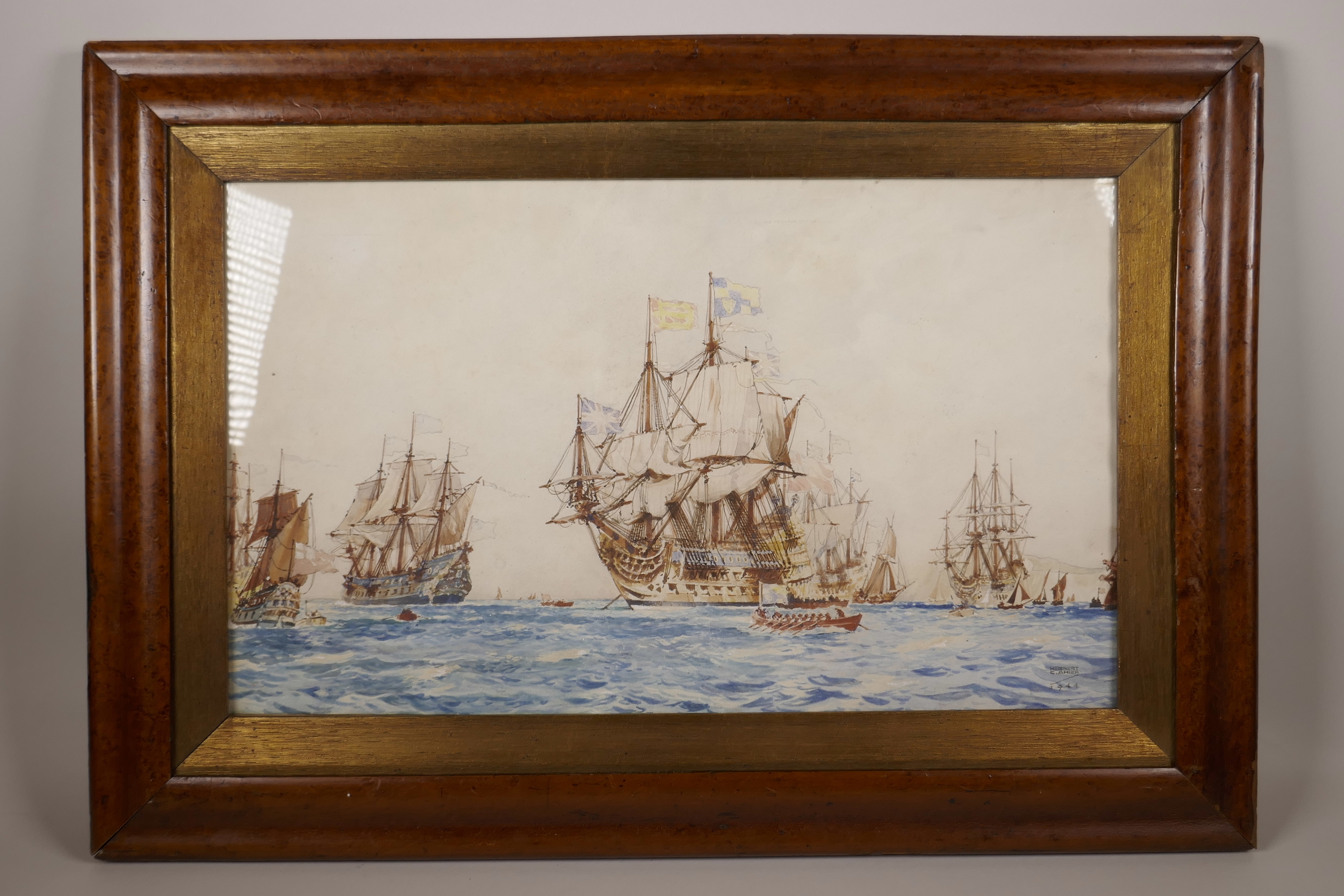 A maplewood framed watercolour, English man-o-war and other shipping off the coast, indistinctly - Image 2 of 3