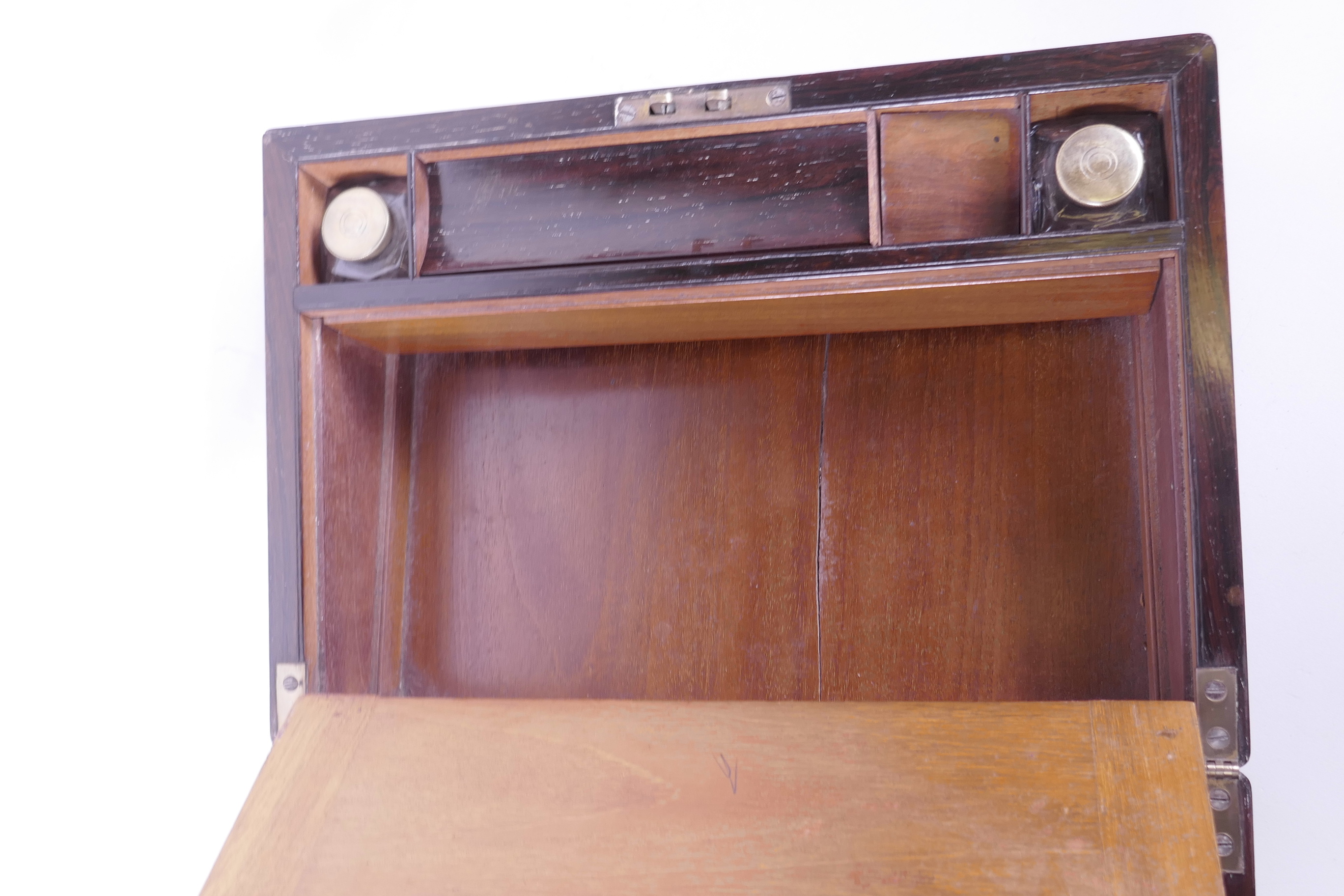 A C19th rosewood writing slope, with mother of pearl plaque to lid, the fitted interior with two - Image 7 of 7