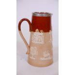 A Doulton Lambeth stoneware hunting jug with hallmarked silver mount, 7" high