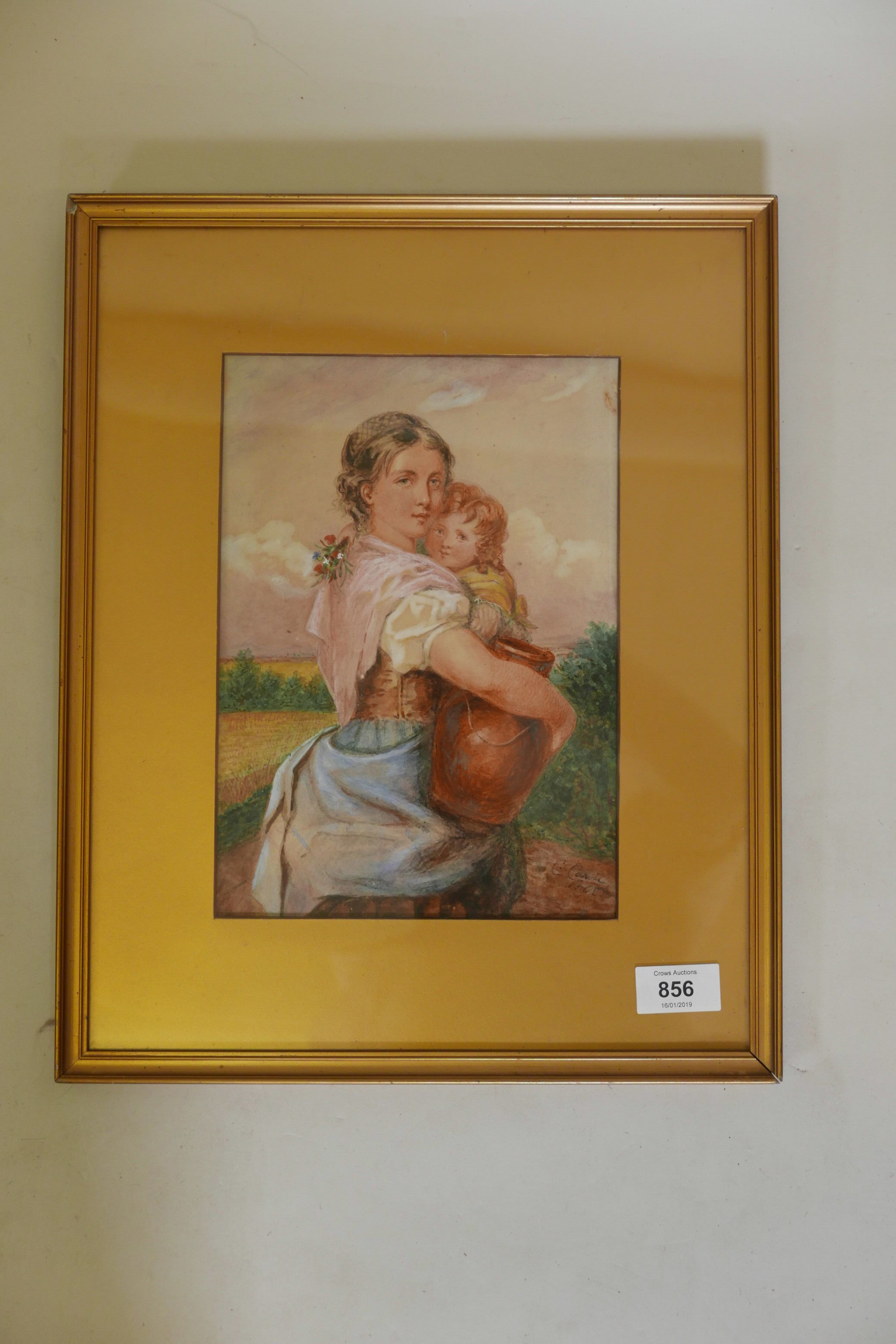 A C19th watercolour, young woman and child, signed indistinctly, C Cawis(?), 1868, 10" x 7" - Image 2 of 3
