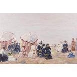 In the style of Eugene Boudin, oil on canvas, figures on the beach, 22" x 18"